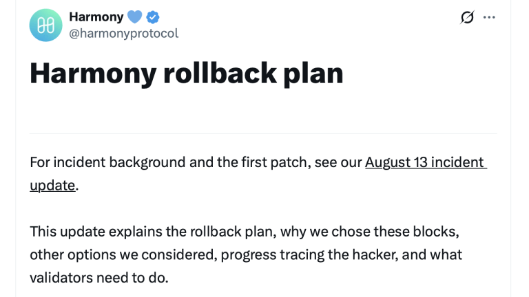 Harmony Protocol to Roll Back Network After Massive Exploit